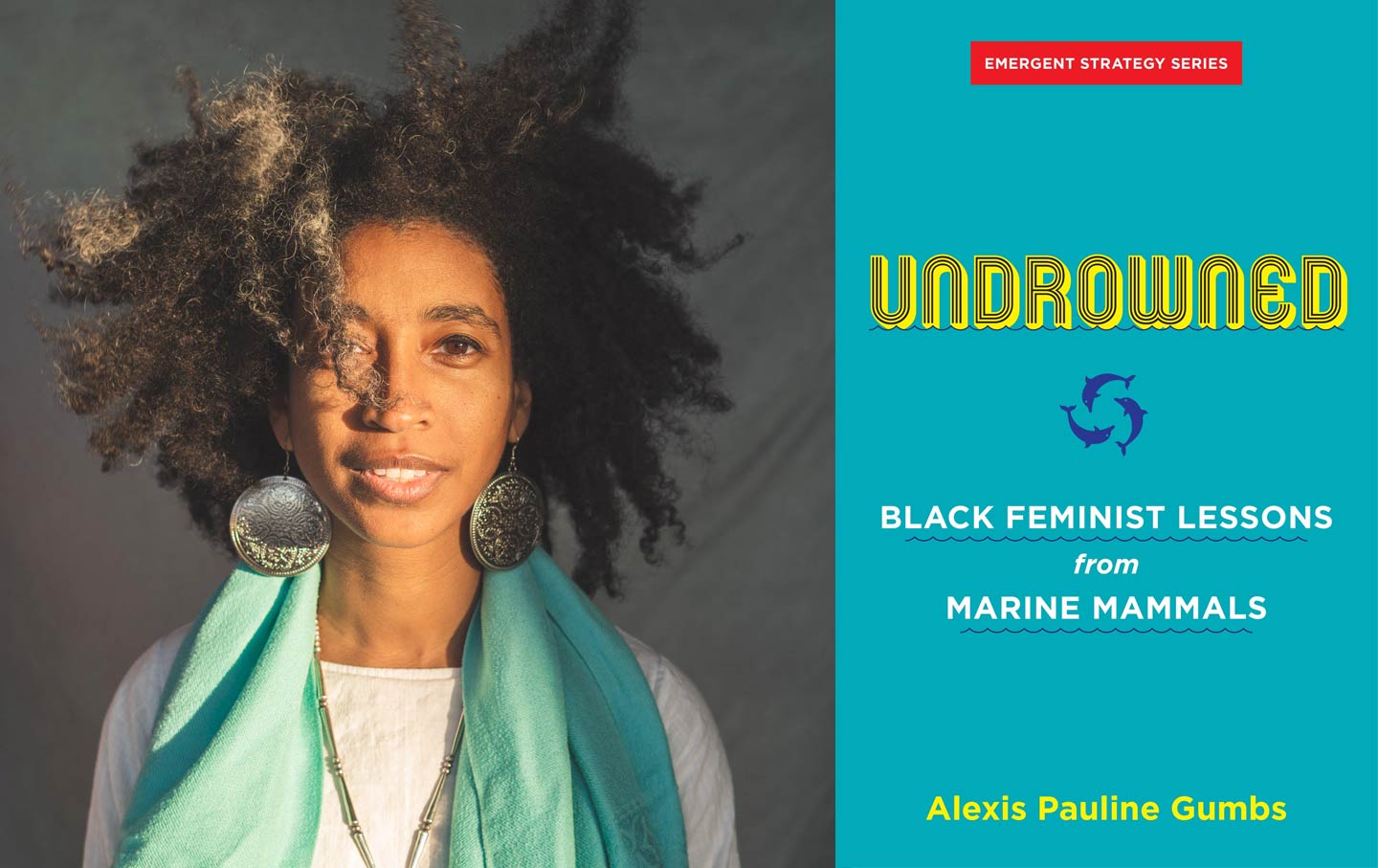 A headshot of Alexis Pauline Gumbs next to the cover of her book