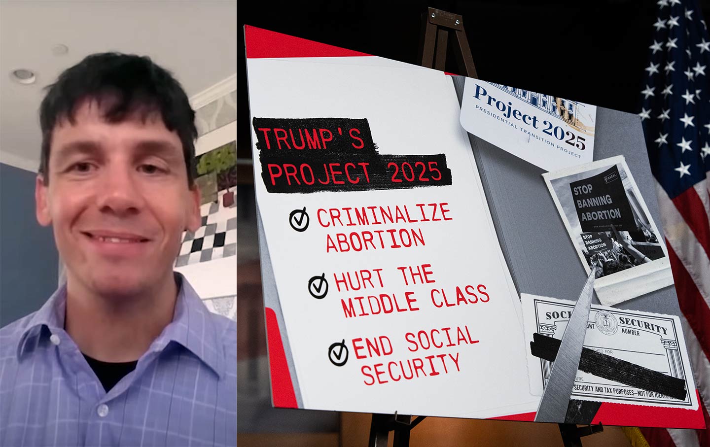 James Goodwin, the policy director at the Center for Progressive Reform. A Project 2025 sign is seen as at the Capitol Visitor Center on September 12, 2024.