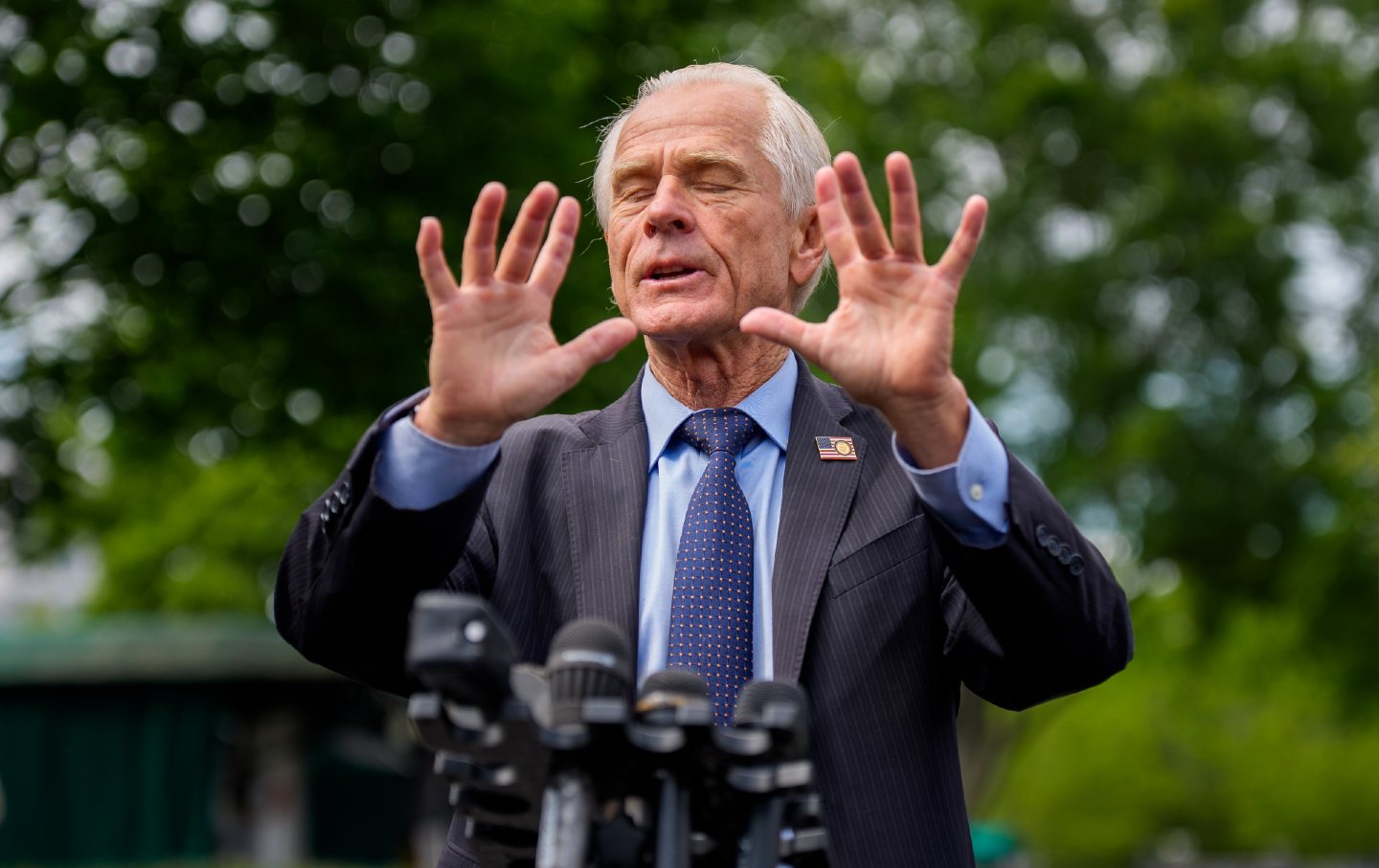 Trade adviser to President Donald Trump Peter Navarro speaks to members of the media after a federal court blocked Trump's sweeping tariffs using an emergency powers law.