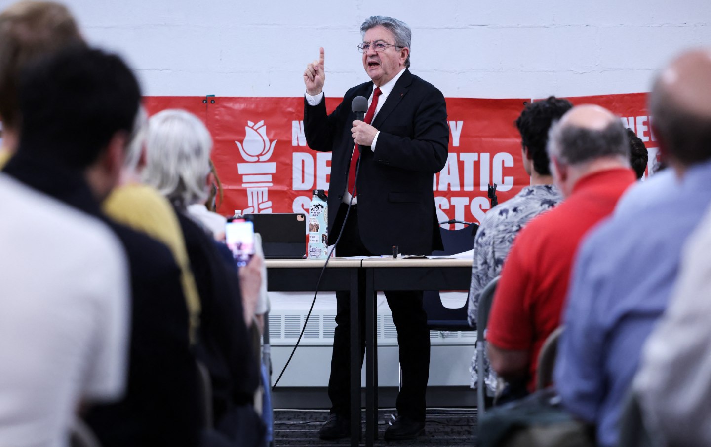 Jean-Luc Mélenchon, founder of the left-wing party La France Insoumise, speaks during the meeting “From France to New York: fighting the right, building the left” hosted by the Democratic Socialists of America in Brooklyn, New York, on April 22, 2025.