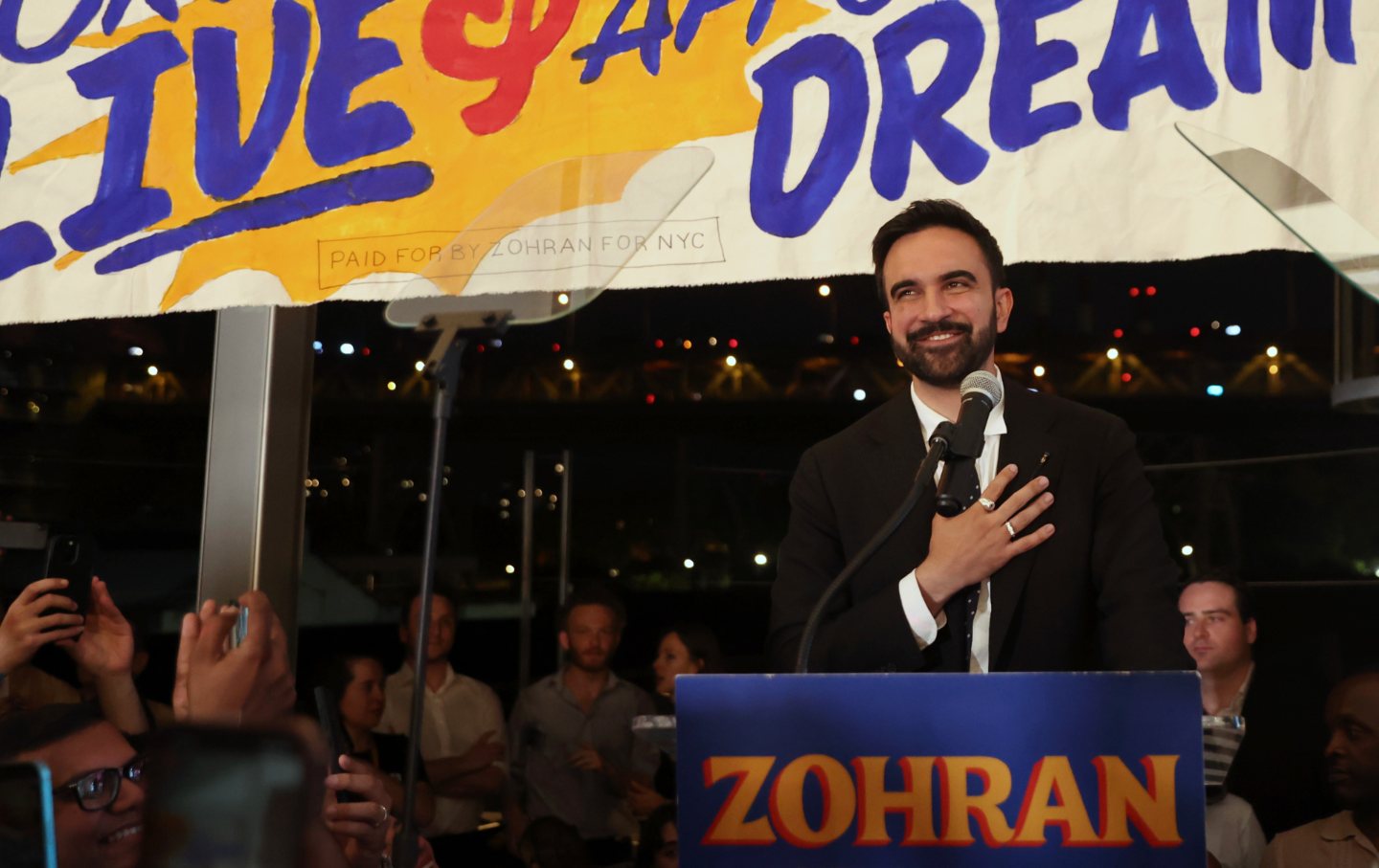 Democratic mayoral candidate Zohran Mamdani takes the stage at his primary election party, Wednesday, June 25, 2025, in New York.